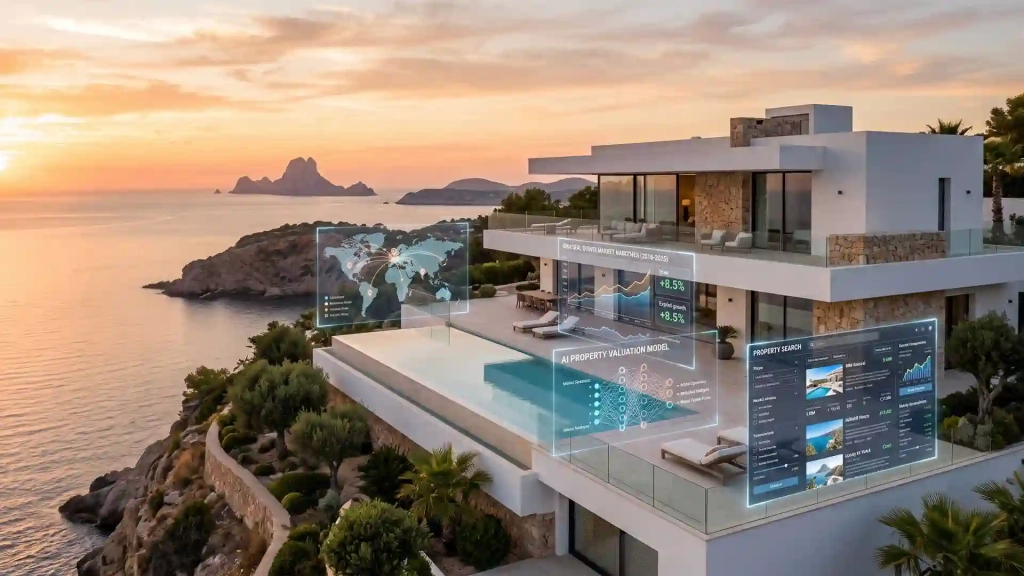 Imagen editorial que representa la convergencia entre arquitectura contemporánea de Ibiza y tecnologías de Inteligencia Artificial, con análisis de datos, conectividad global e innovación aplicada al sector inmobiliario de lujo.