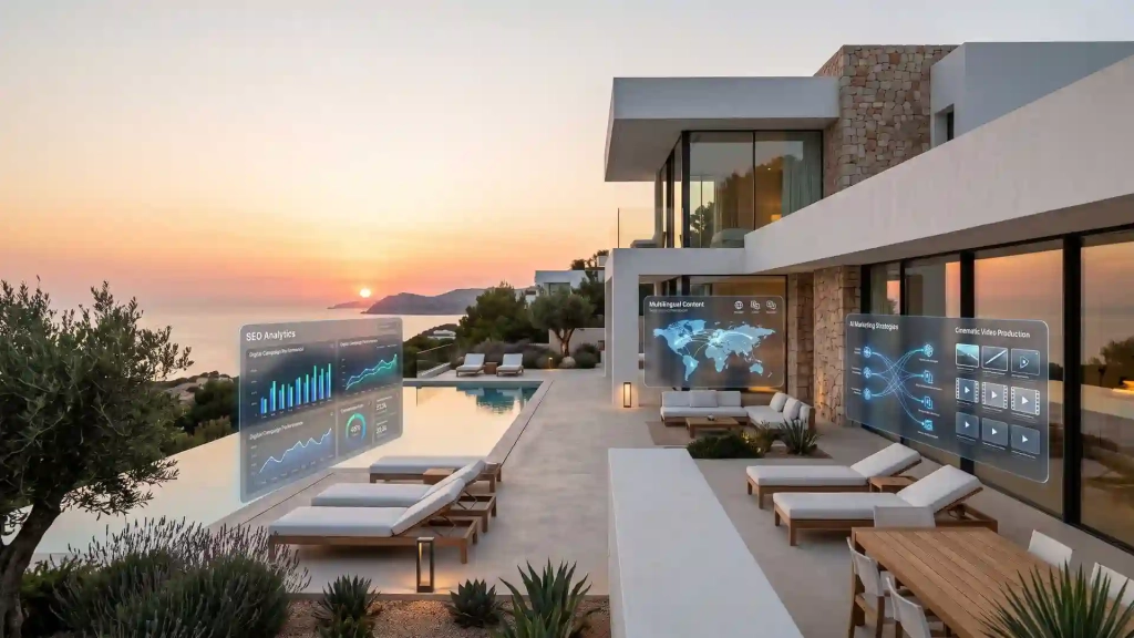 Imagen editorial de una villa contemporánea en Ibiza con paneles de métricas de marketing, contenido audiovisual, SEO y conexiones internacionales, representando la evolución del marketing inmobiliario de lujo.