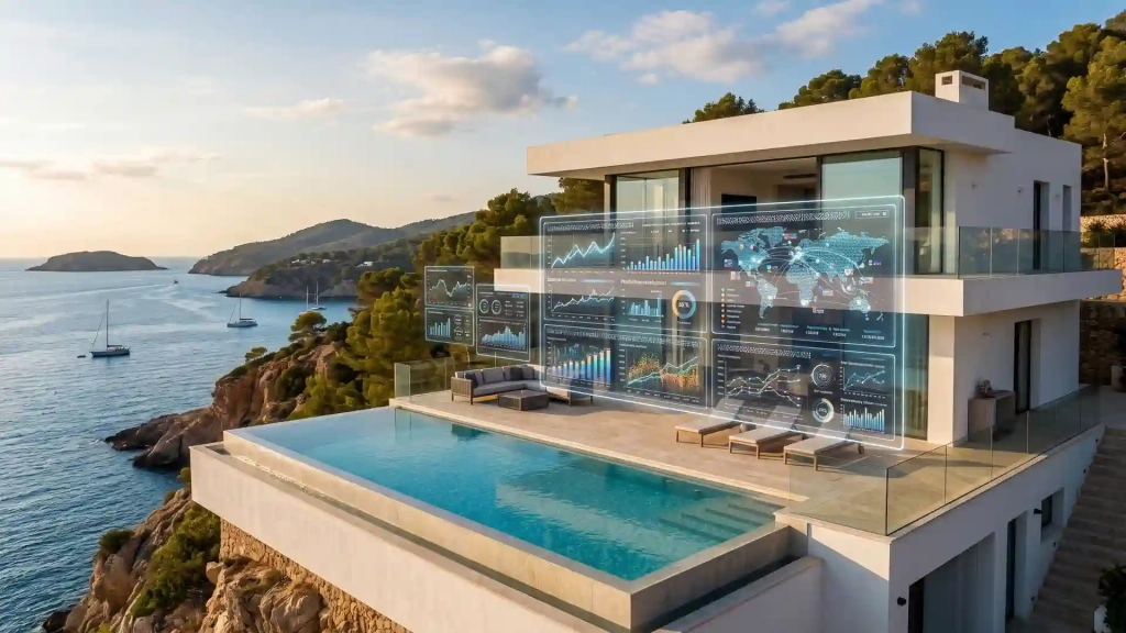 magen editorial de una villa contemporánea en Ibiza acompañada de visualizaciones de evolución de mercado, mapas, escenarios de inversión y conexiones internacionales.