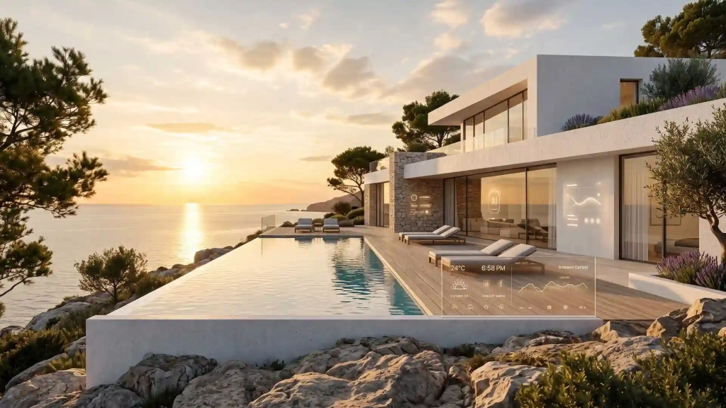 Imagen editorial que representa el equilibrio entre innovación tecnológica y asesoramiento personalizado, con una villa contemporánea de Ibiza y discretas interfaces digitales.
