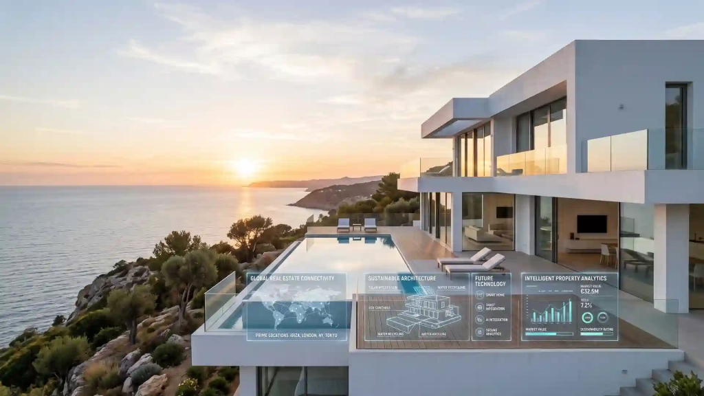 Imagen editorial de una villa contemporánea en Ibiza al amanecer con visualizaciones discretas de conectividad, sostenibilidad y análisis inteligente, simbolizando el futuro del mercado inmobiliario.