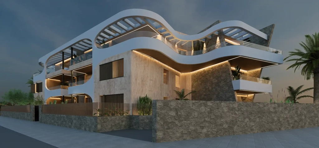 Exterior de Ibiza Elegance Residences en Jesús, promoción de obra nueva con terrazas y piscina comunitaria.