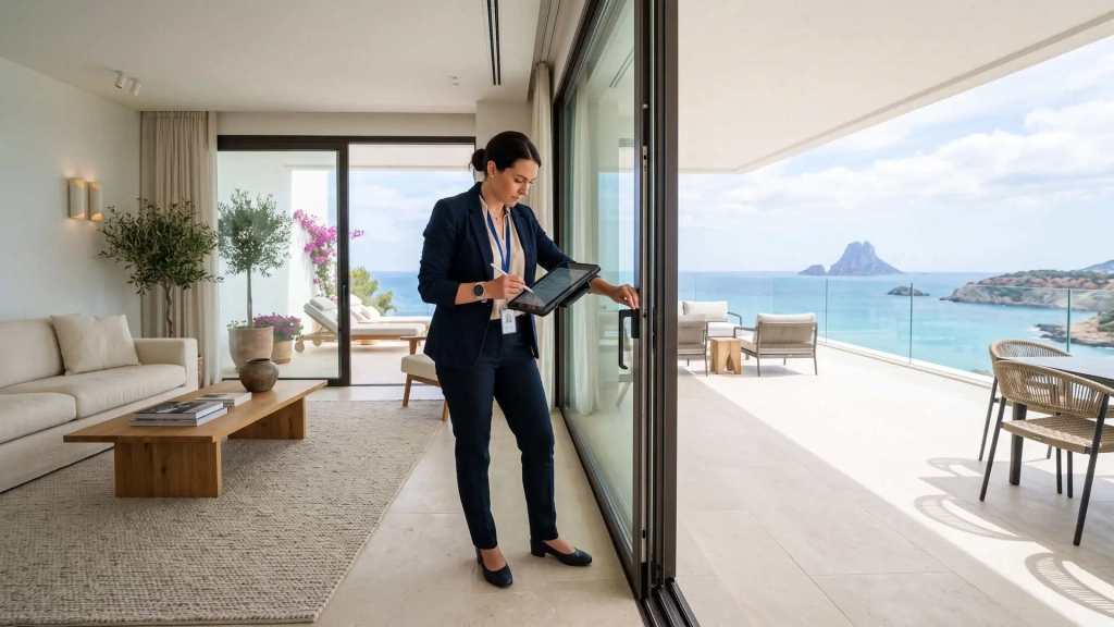 Técnico independiente inspecciona una vivienda nueva en Ibiza antes de la entrega.