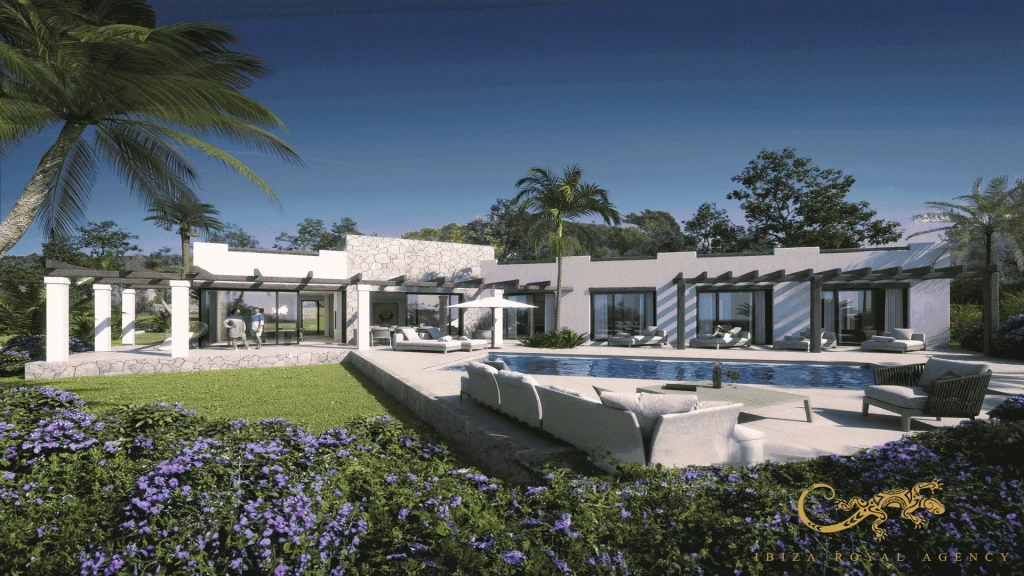 Jardín y parcela de una villa de lujo en Santa Gertrudis Ibiza.
