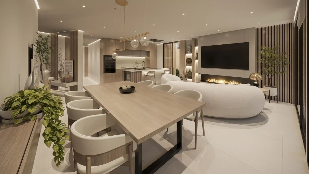 Interior de Ibiza Elegance Residences con acabados contemporáneos y materiales de alta gama.